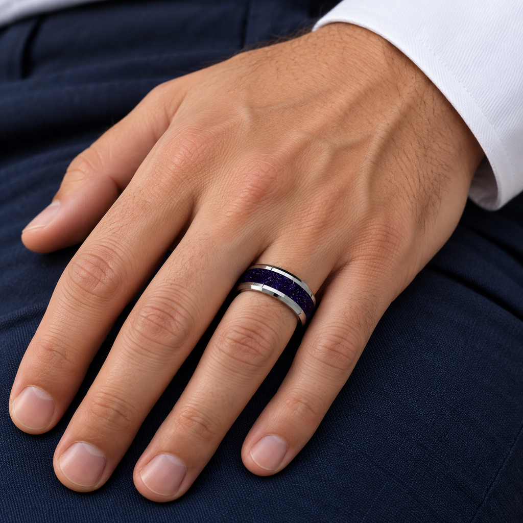Beveled Tungsten Wedding Band w/ Purple & Black Goldstone Inlay (8MM) — male hand wearing wedding band