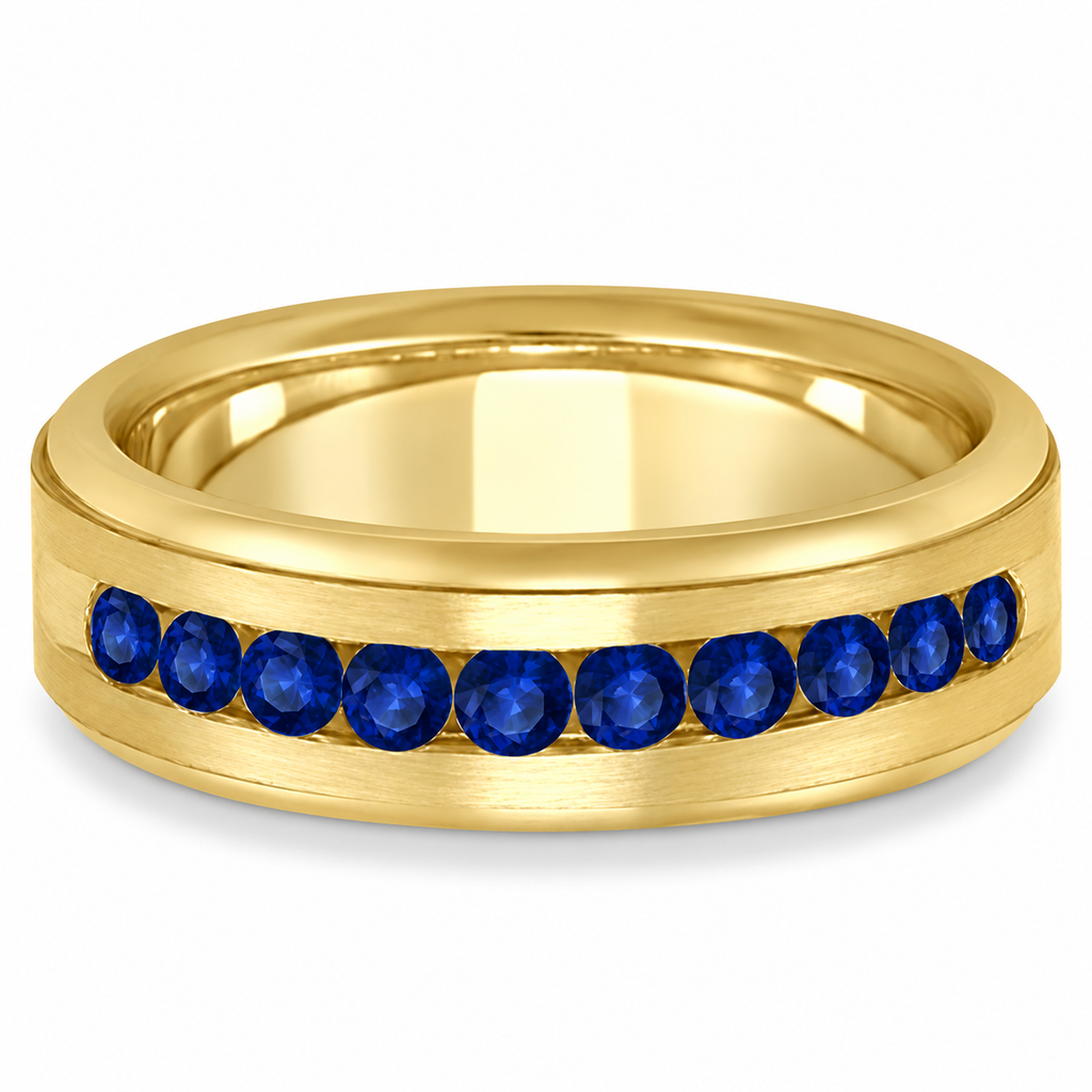 Men's Channel Set Blue Sapphire Wedding Band 18k Yellow Gold (0.25ct) - Front alternative view on white
