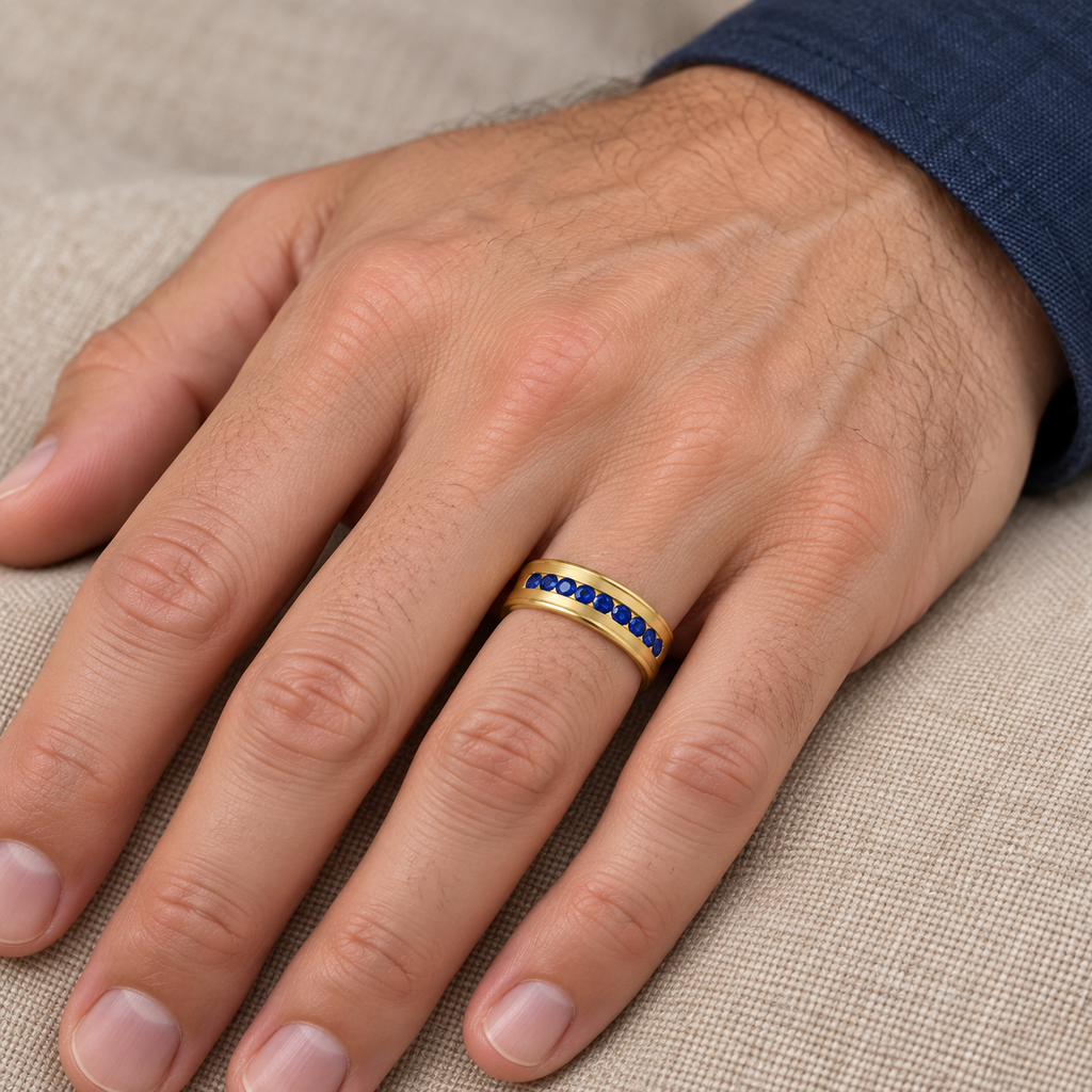 Men's Channel Set Blue Sapphire Wedding Band 18k Yellow Gold (0.25ct) - Male hand wearing wedding band