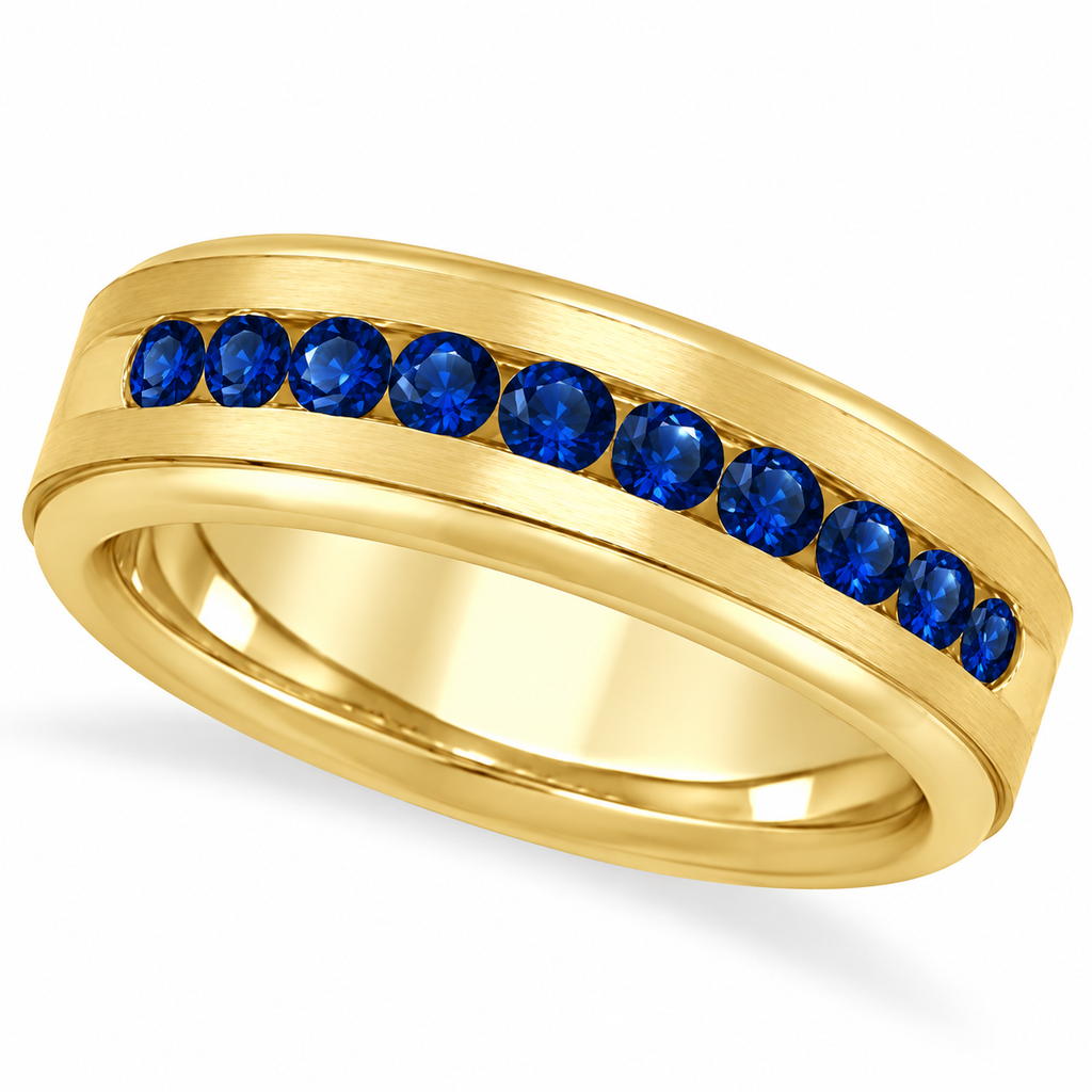 Men's Channel Set Blue Sapphire Wedding Band 18k Yellow Gold (0.25ct) - Angled product view on white