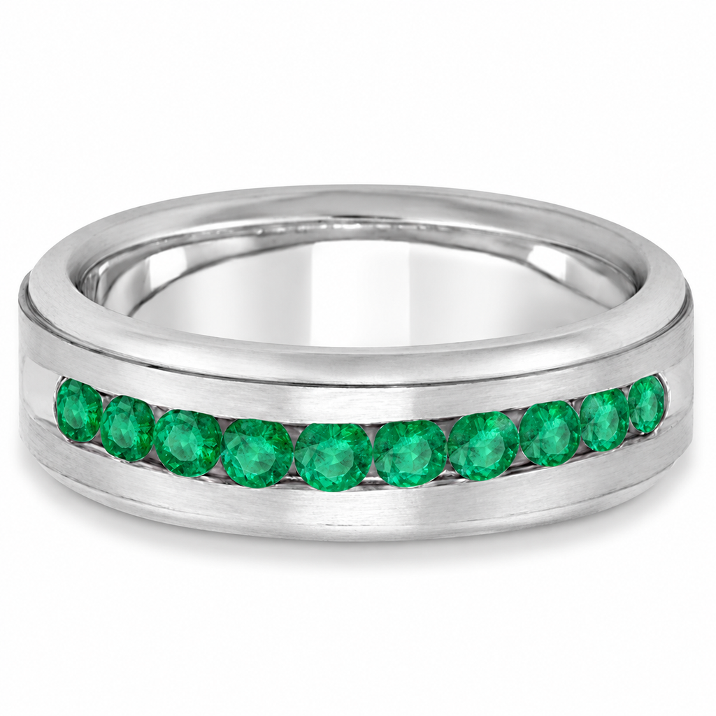 Men's Channel Set Emerald Ring Wedding Band 14k White Gold (0.25ct) - Front product view