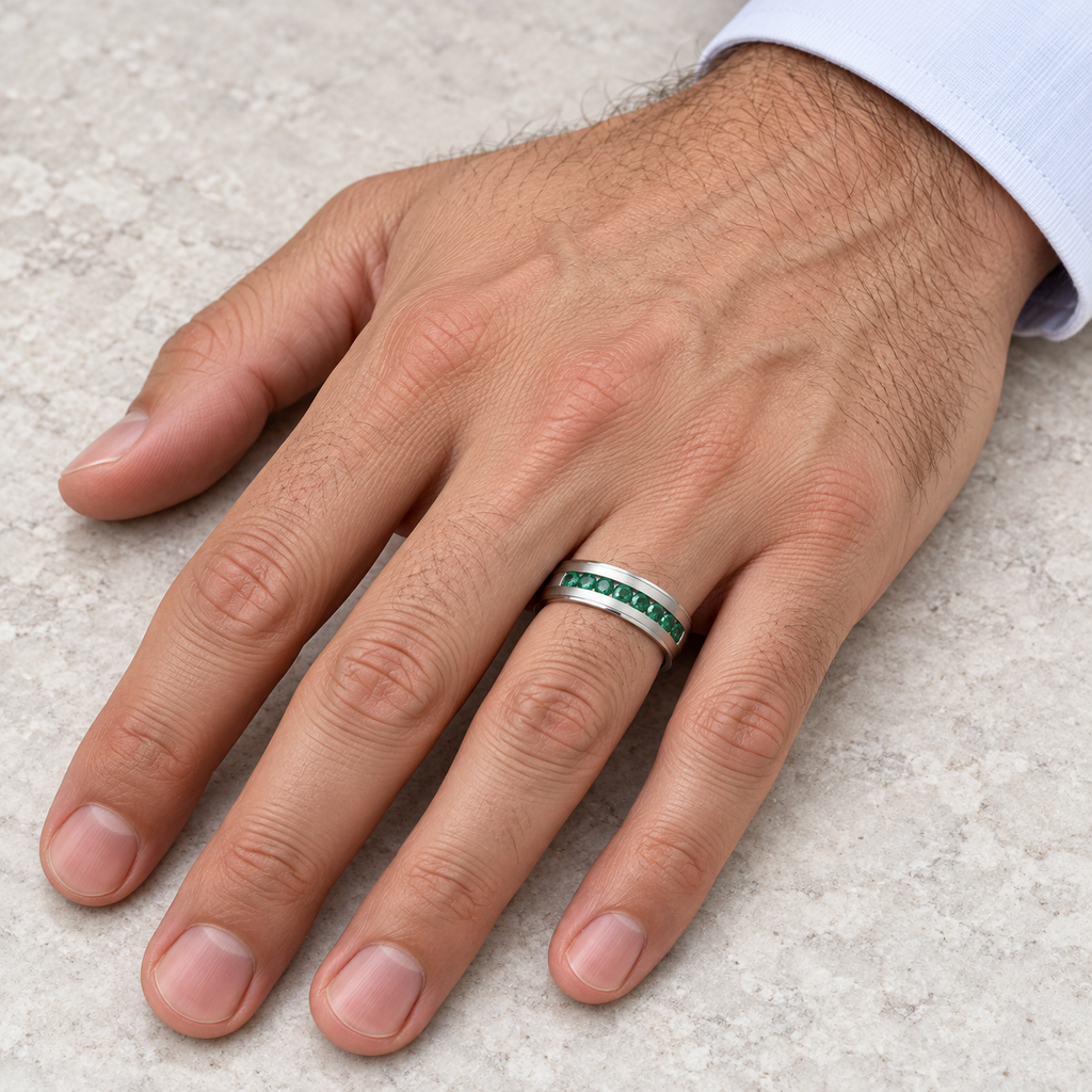 Men's Channel Set Emerald Ring Wedding Band 14k White Gold (0.25ct) - Male hand wearing wedding band
