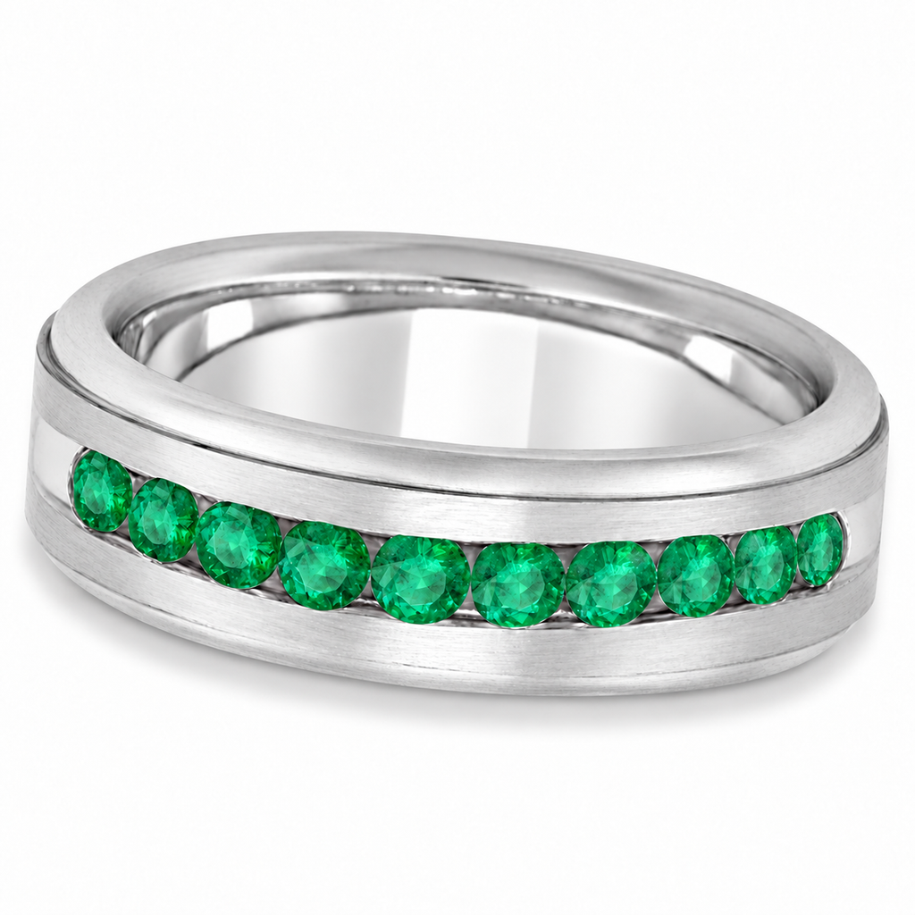 Men's Channel Set Emerald Ring Wedding Band 14k White Gold (0.25ct) - Angled product view on white