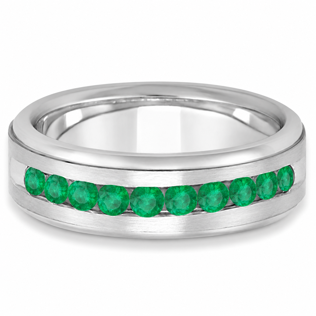 Men's Channel Set Emerald Ring Wedding Band 18k White Gold (0.25ct) — Front product view, legacy logo removed