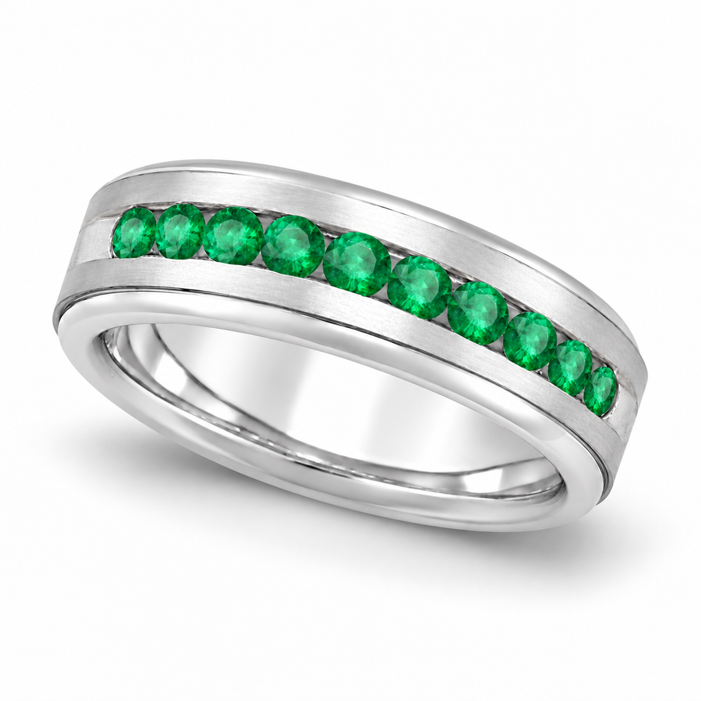 Men's Channel Set Emerald Ring Wedding Band 18k White Gold (0.25ct) — Reverse-oblique alternative with natural shadow on white