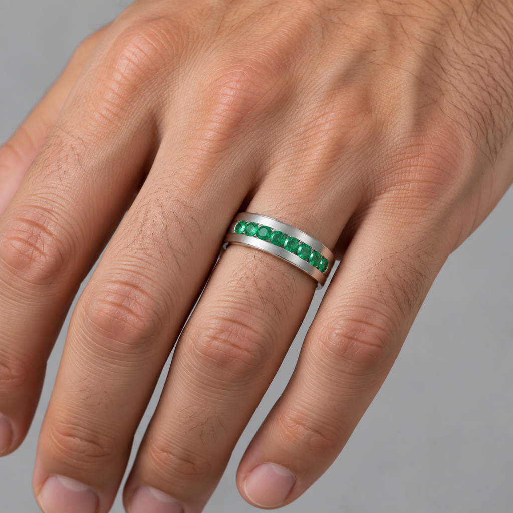 Men's Channel Set Emerald Ring Wedding Band 18k White Gold (0.25ct) — Male hand wearing 5mm ring