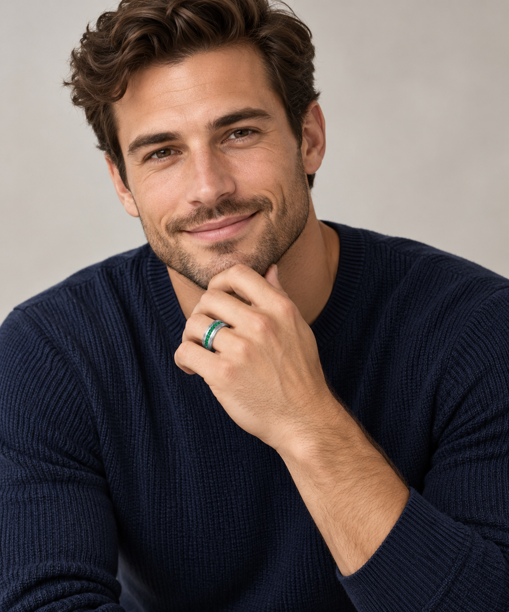 Men's Channel Set Emerald Ring Wedding Band 18k White Gold (0.25ct) — Male portrait wearing ring