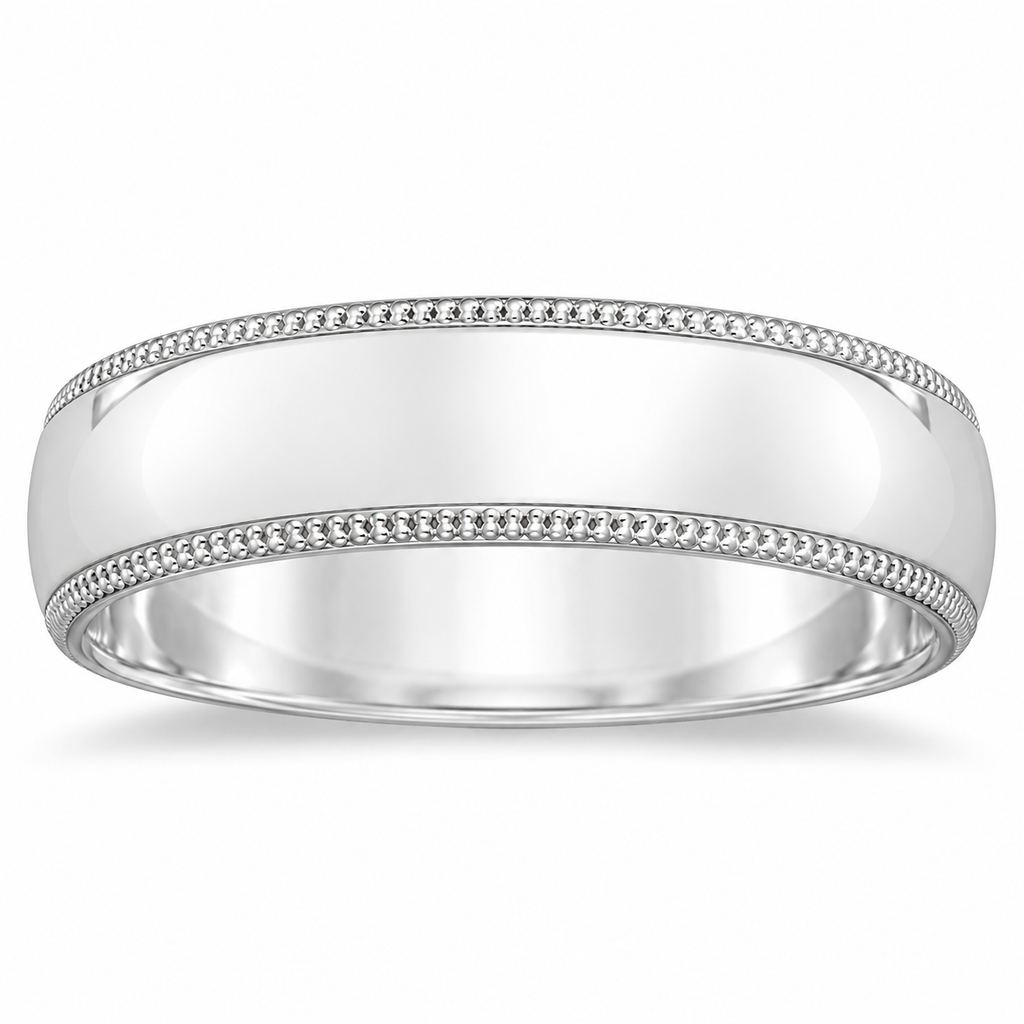 6 mm men's dome comfort-fit milgrain wedding band in 14k white gold, front view