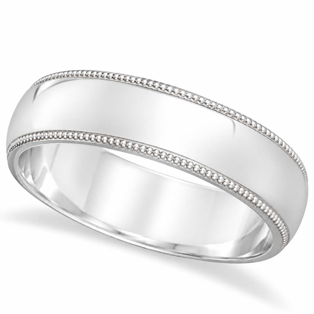 6 mm men's dome comfort-fit milgrain wedding band in 14k white gold, hero view