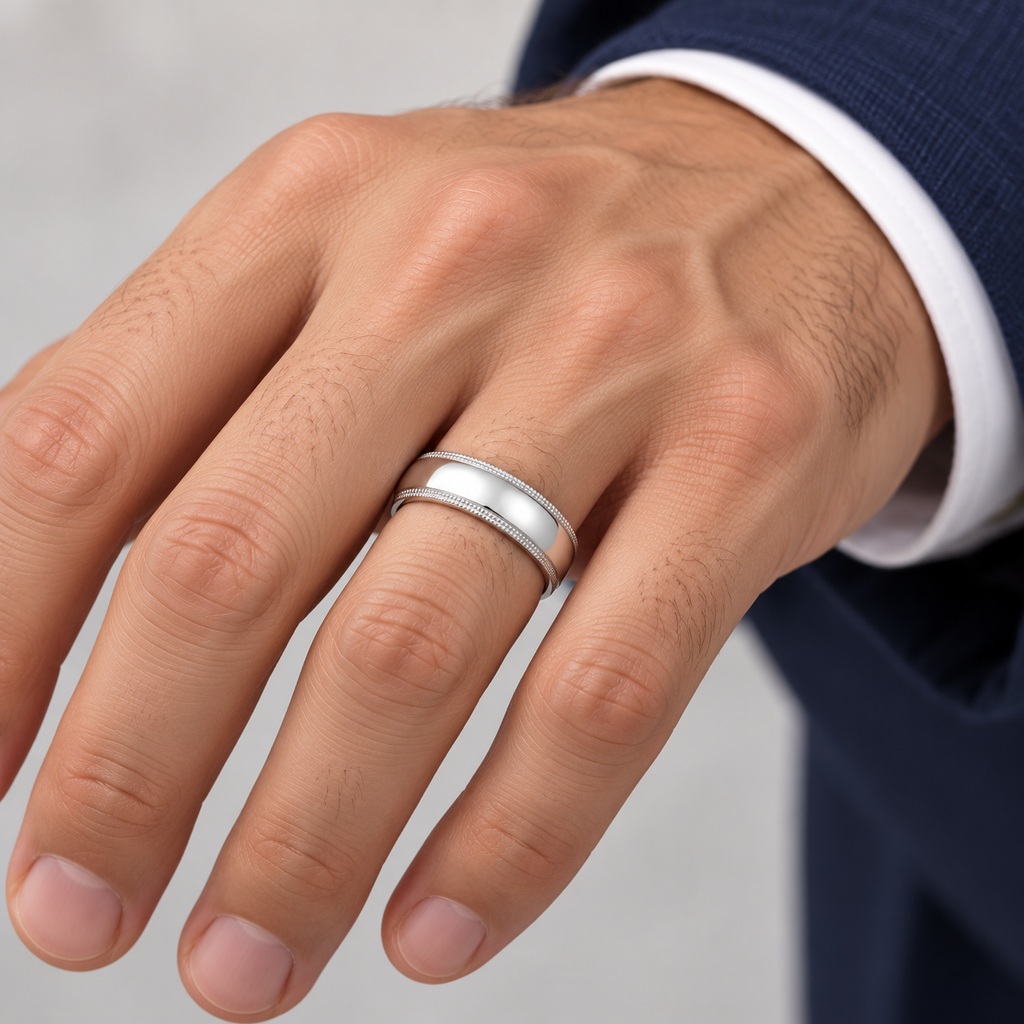 6 mm 14k white gold dome milgrain wedding band on a man's ring finger