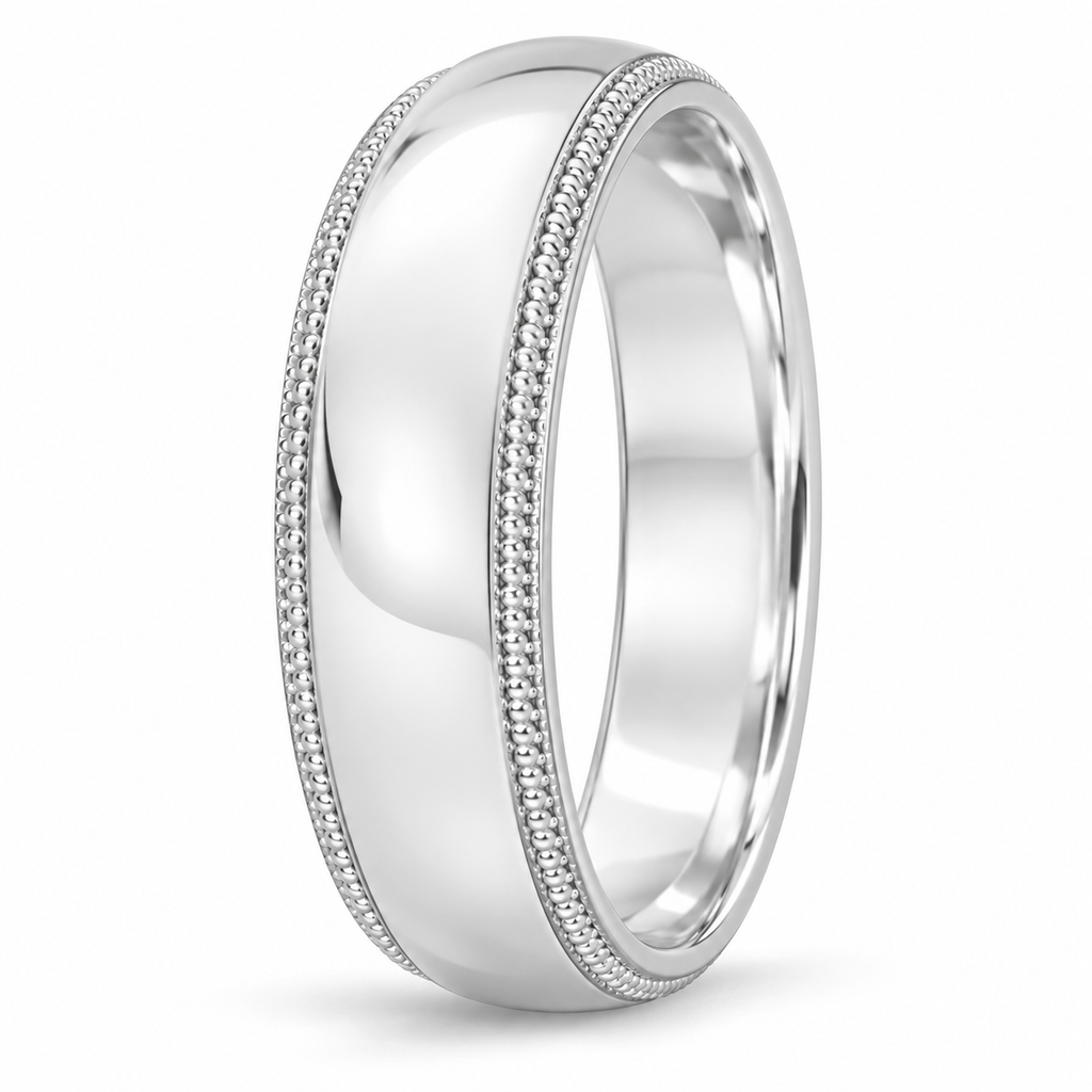 6 mm men's dome comfort-fit milgrain wedding band in 14k white gold, side view