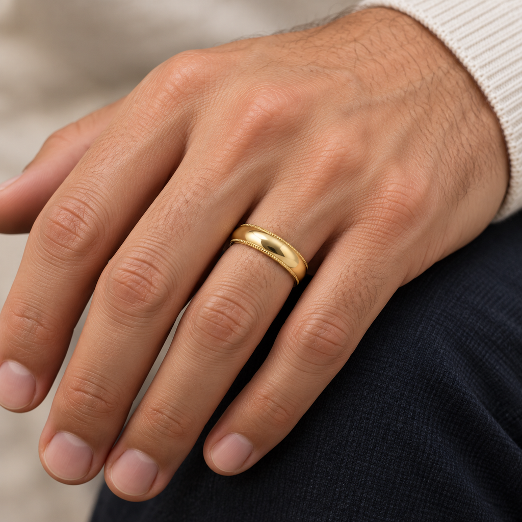 5mm 18k yellow gold milgrain wedding band on a man's ring finger
