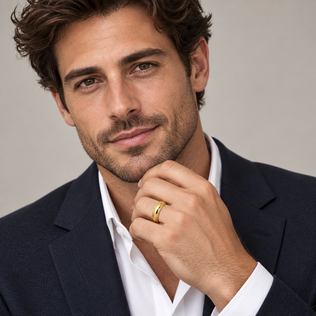 Man wearing a 5mm 18k yellow gold milgrain wedding band