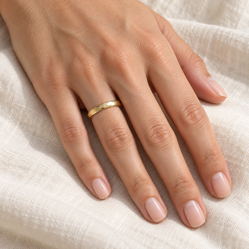 Carved Hammered Finish Wedding Ring Band 14k Yellow Gold (3mm) - Female hand wearing 3mm wedding band