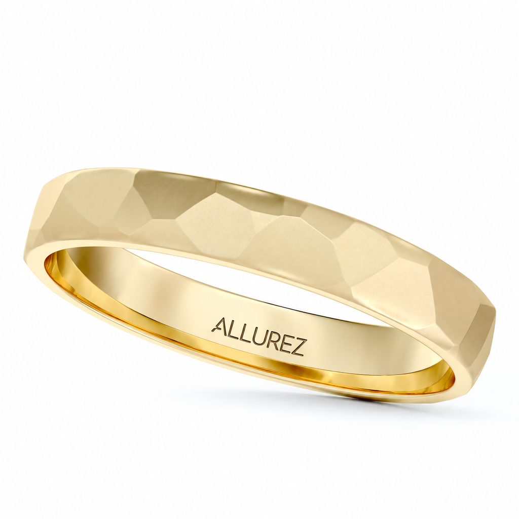 Carved Hammered Finish Wedding Ring Band 14k Yellow Gold (3mm) - Angled product view on white