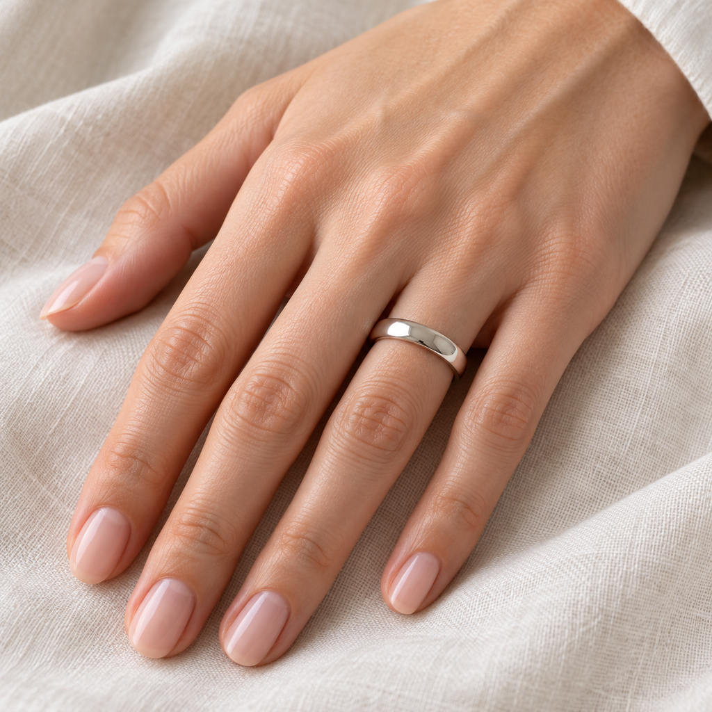 Palladium Wedding Ring Low Dome Comfort Fit (4 mm) — female hand wearing wedding band