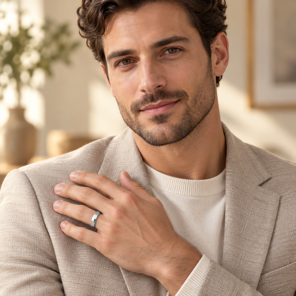 Palladium Wedding Ring Low Dome Comfort Fit (4 mm) — male portrait wearing wedding band