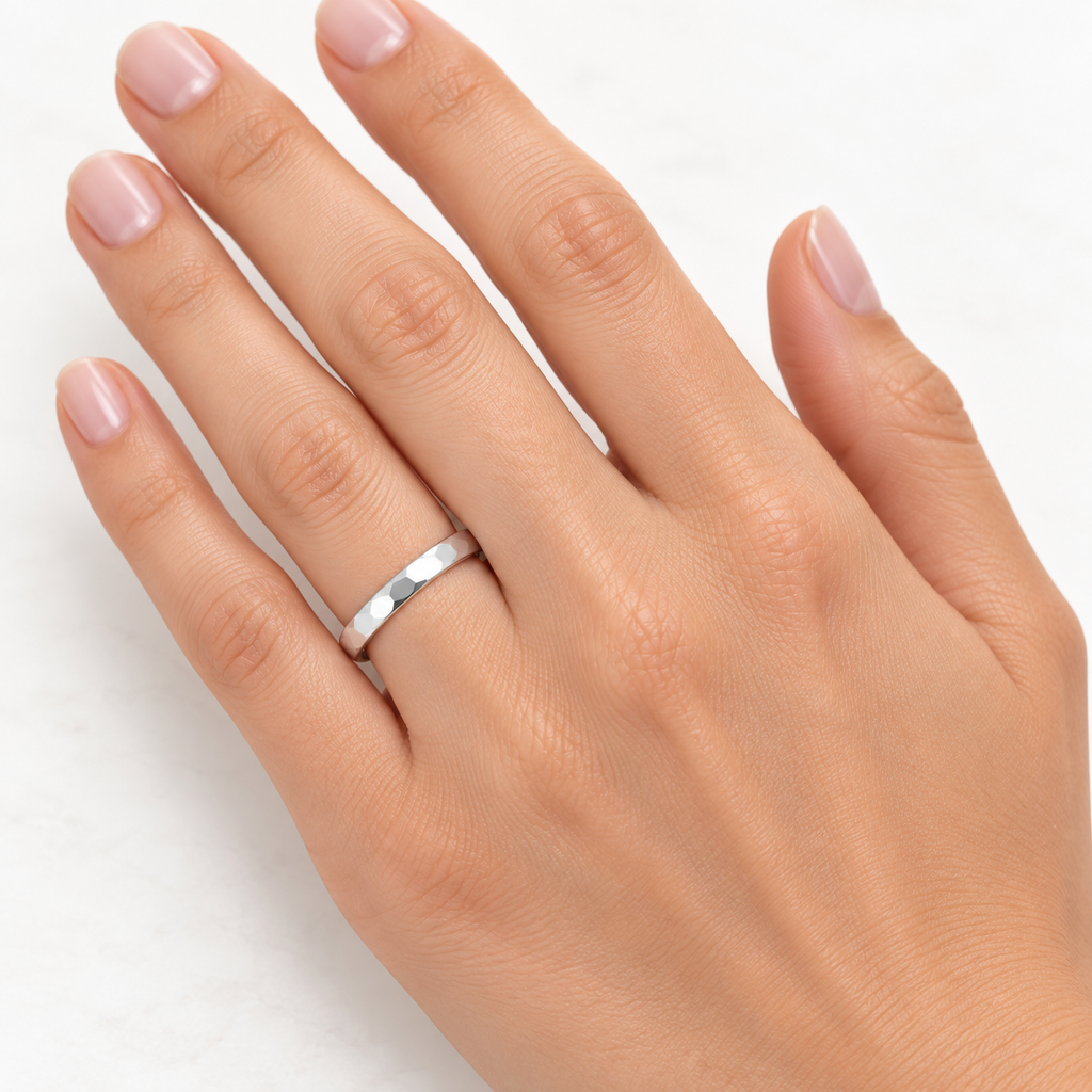 Carved Hammered Finish Wedding Ring Band Palladium (3mm) — Female hand wearing 3mm wedding band