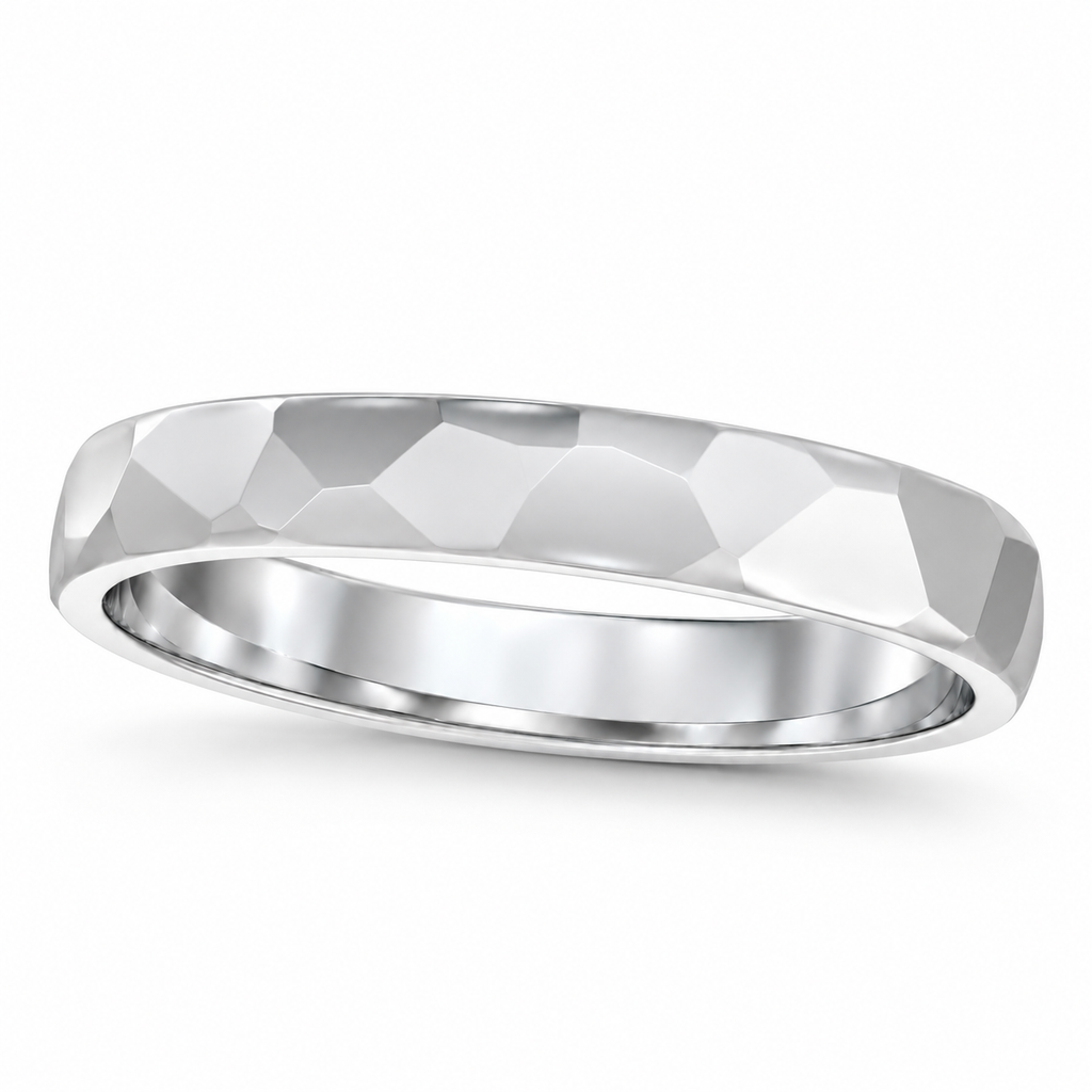 3mm hammered palladium wedding band — gentle angled product hero on white