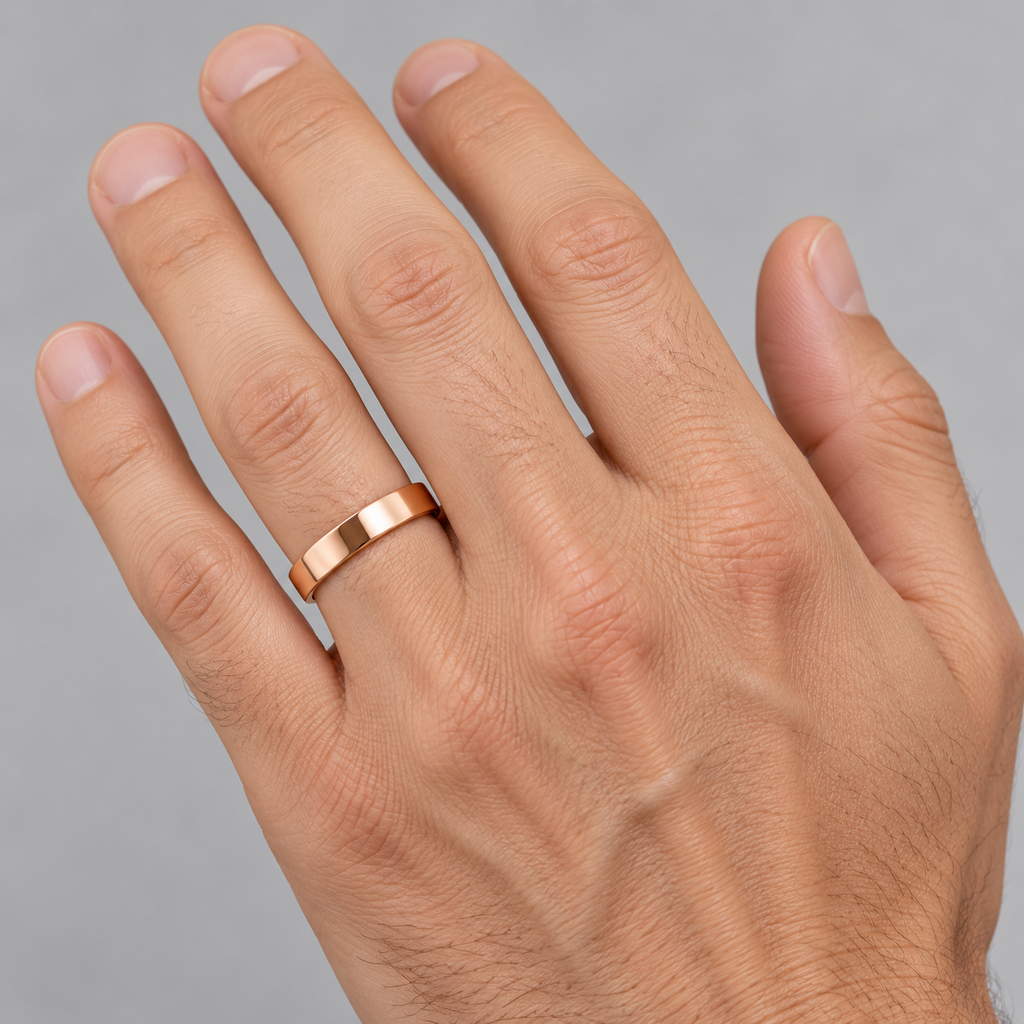Flat Comfort-Fit Plain Ring Wedding Band 14k Rose Gold (4mm) — Male hand wearing 4mm wedding band