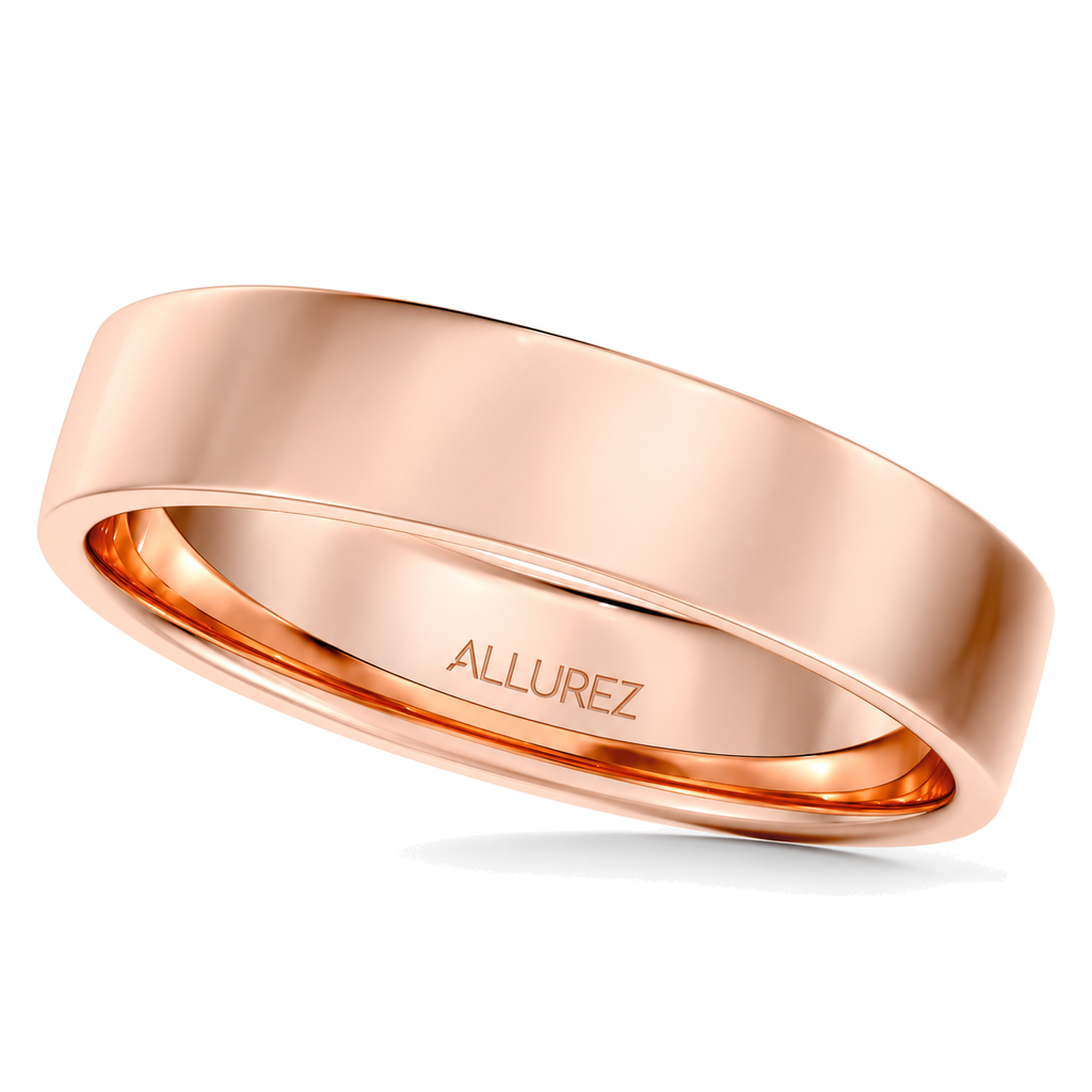 Flat Comfort-Fit Plain Ring Wedding Band 14k Rose Gold (4mm) — Angled product view on white