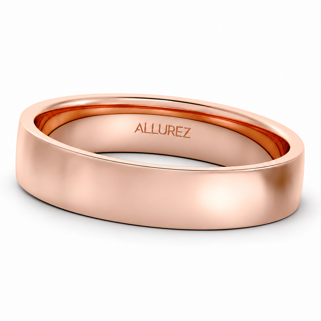 4mm 14K rose gold flat comfort-fit wedding band — hero with natural shadow