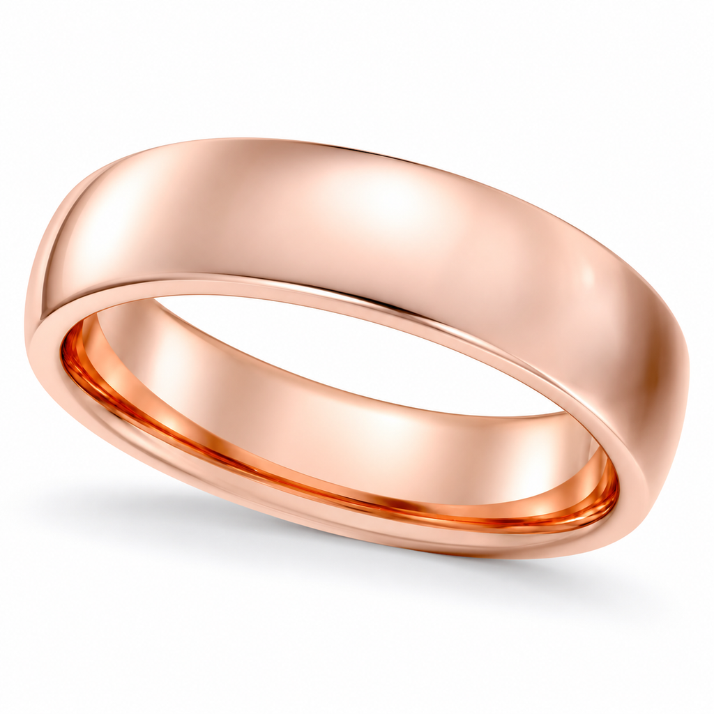 UB1027 5mm 14k rose gold low-dome wedding band, approved reverse-oblique hero angle