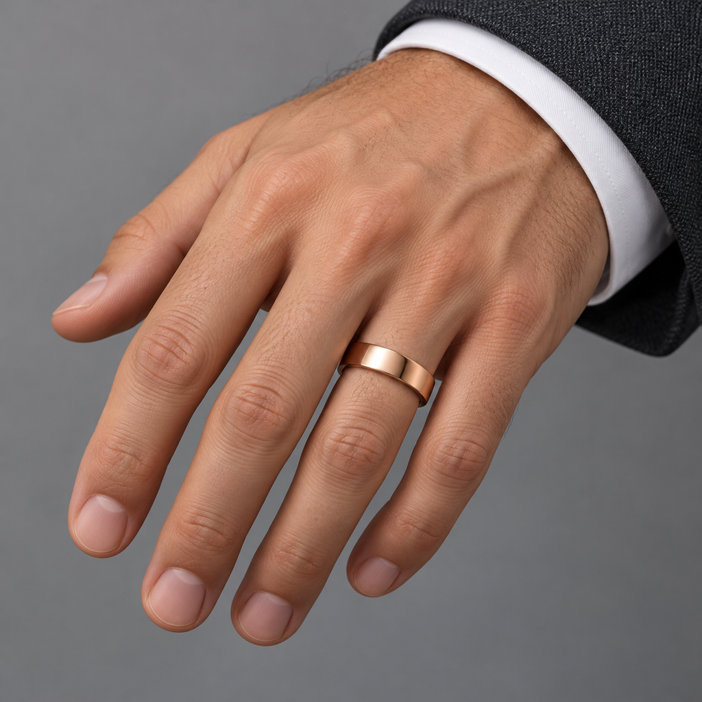5mm 14k rose gold low-dome comfort-fit wedding band — close-up on a man's ring finger