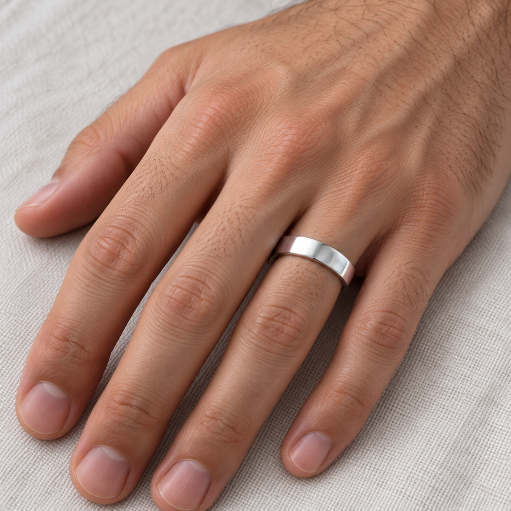 14k White Gold Wedding Ring Low Dome Comfort Fit (5 mm) — Male hand wearing 5mm wedding band