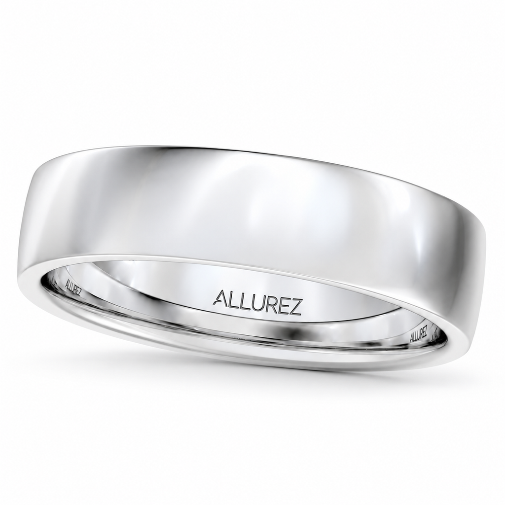 14k White Gold Wedding Ring Low Dome Comfort Fit (5 mm) — Gentle angled product view on white with natural shadow