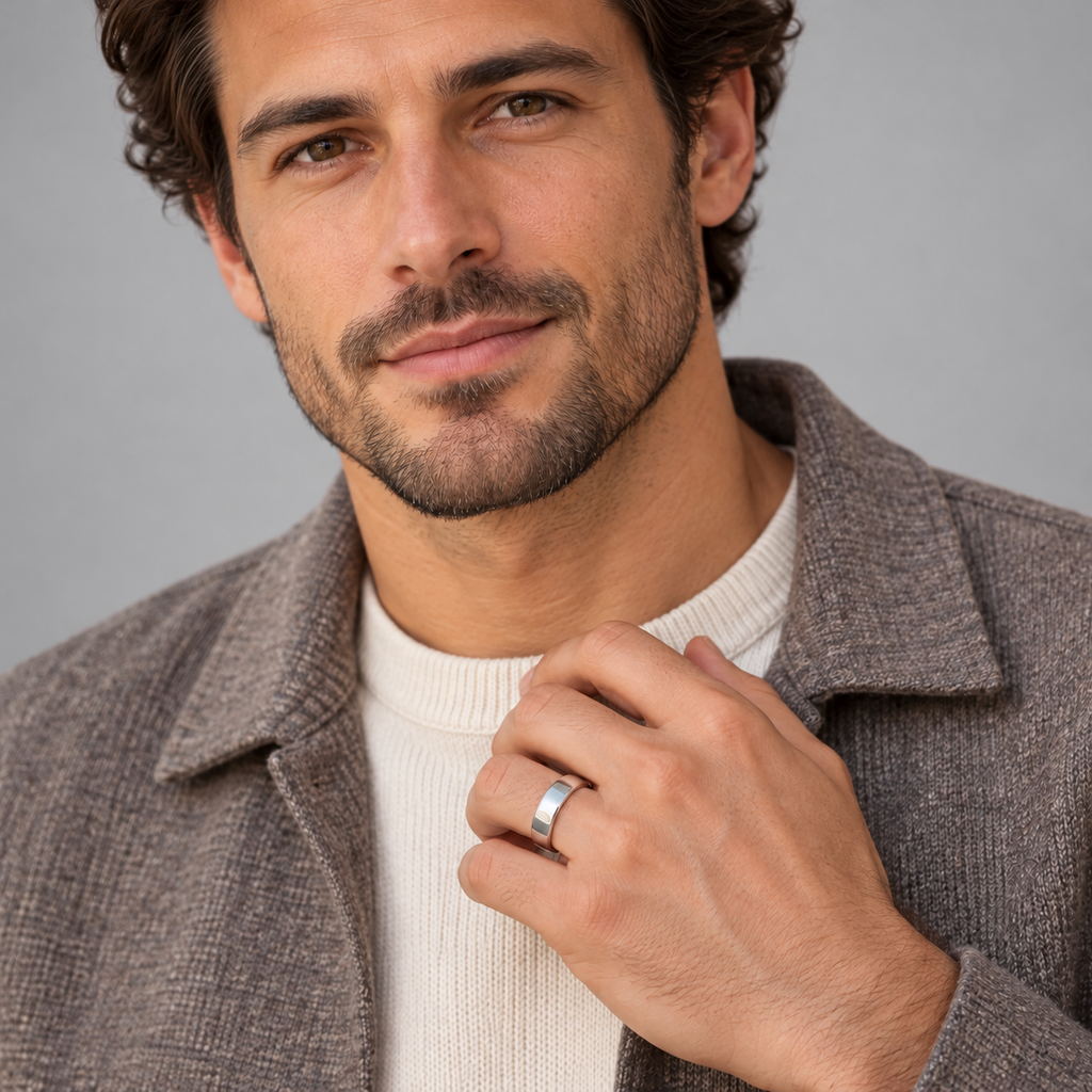 14k White Gold Wedding Ring Low Dome Comfort Fit (5 mm) — Male studio portrait wearing wedding band
