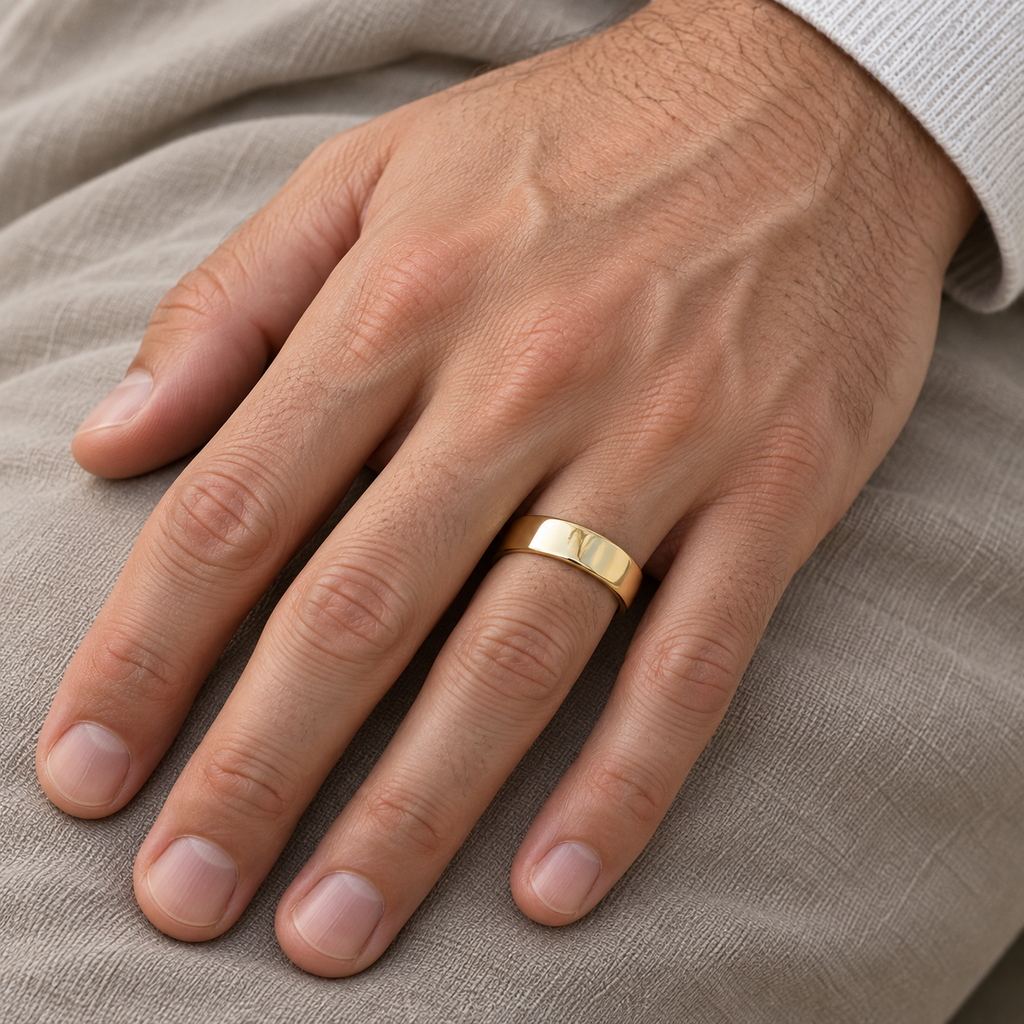 14k Yellow Gold Wedding Ring Low Dome Comfort Fit (5 mm) - Male hand wearing wedding band