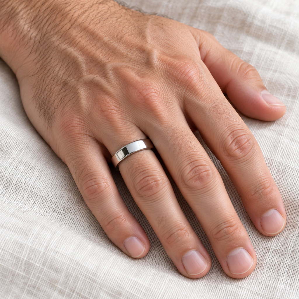 Palladium Wedding Ring Low Dome Comfort Fit (5 mm) - Male hand wearing wedding band