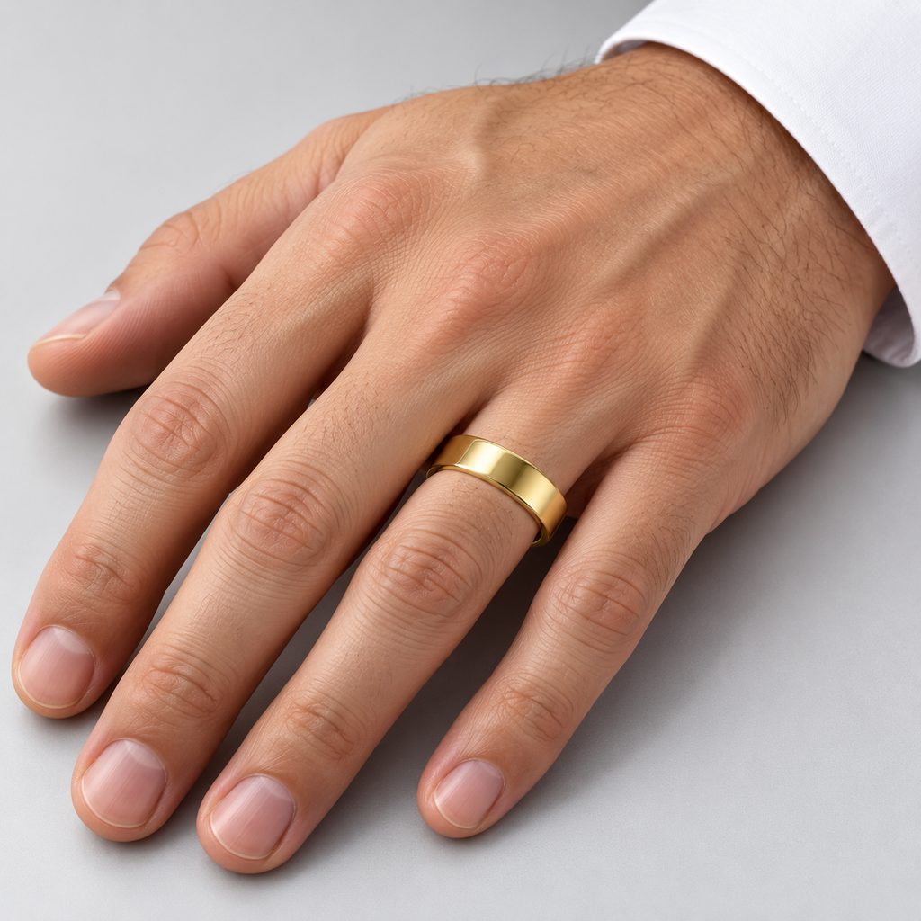Men's Wedding Ring Low Dome Comfort-Fit in 18k Yellow Gold (6mm) — male hand close-up
