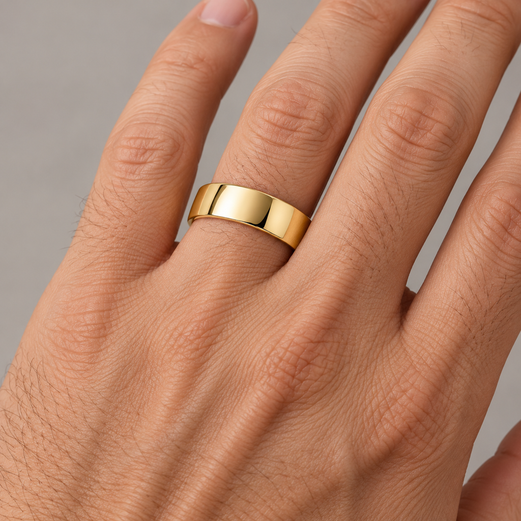 UB116 7mm 14k yellow gold low-dome wedding band on male ring finger