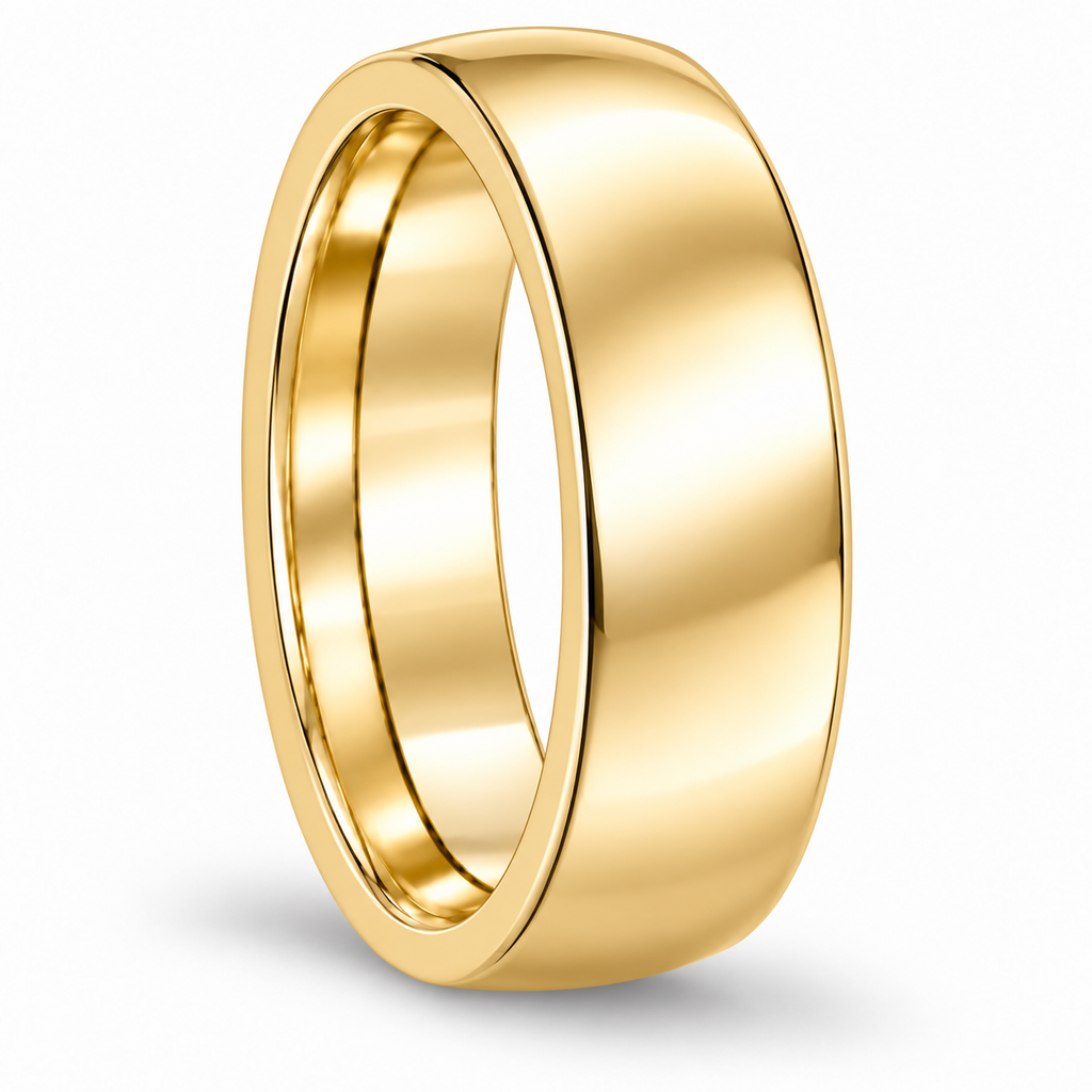 UB116 7mm 14k yellow gold low-dome wedding band side profile with natural shadow