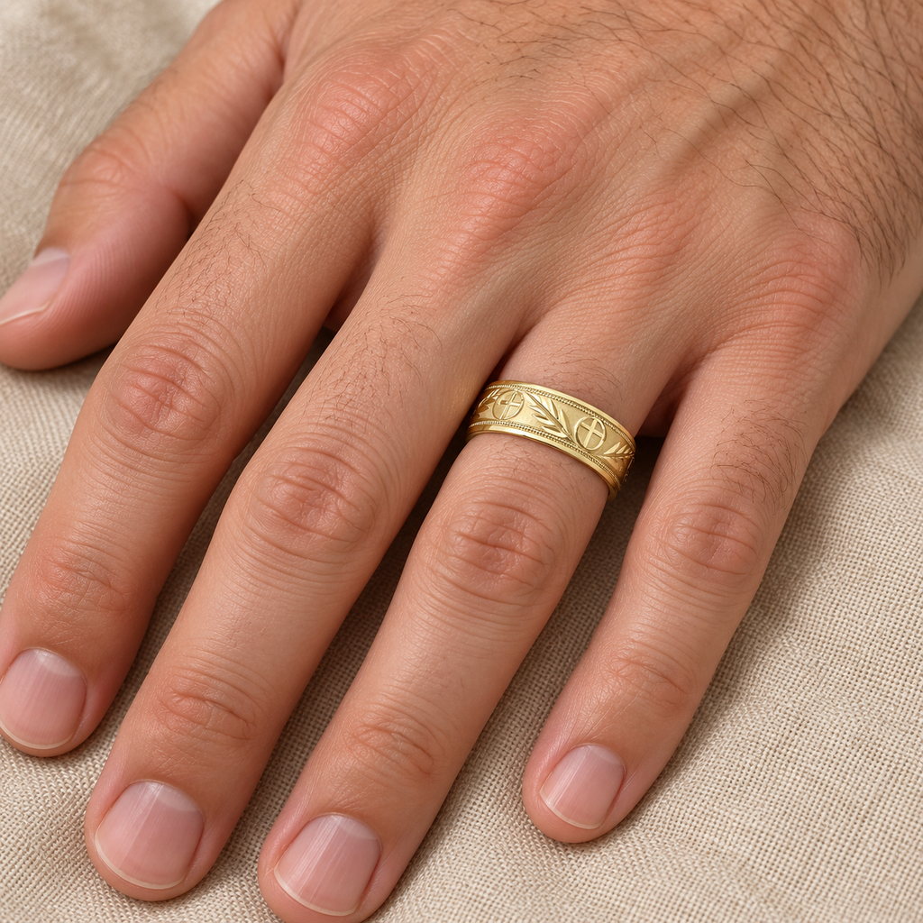 Men's Christian Leaf and Cross Wedding Band 14k Yellow Gold (7mm) — Male hand wearing wedding band