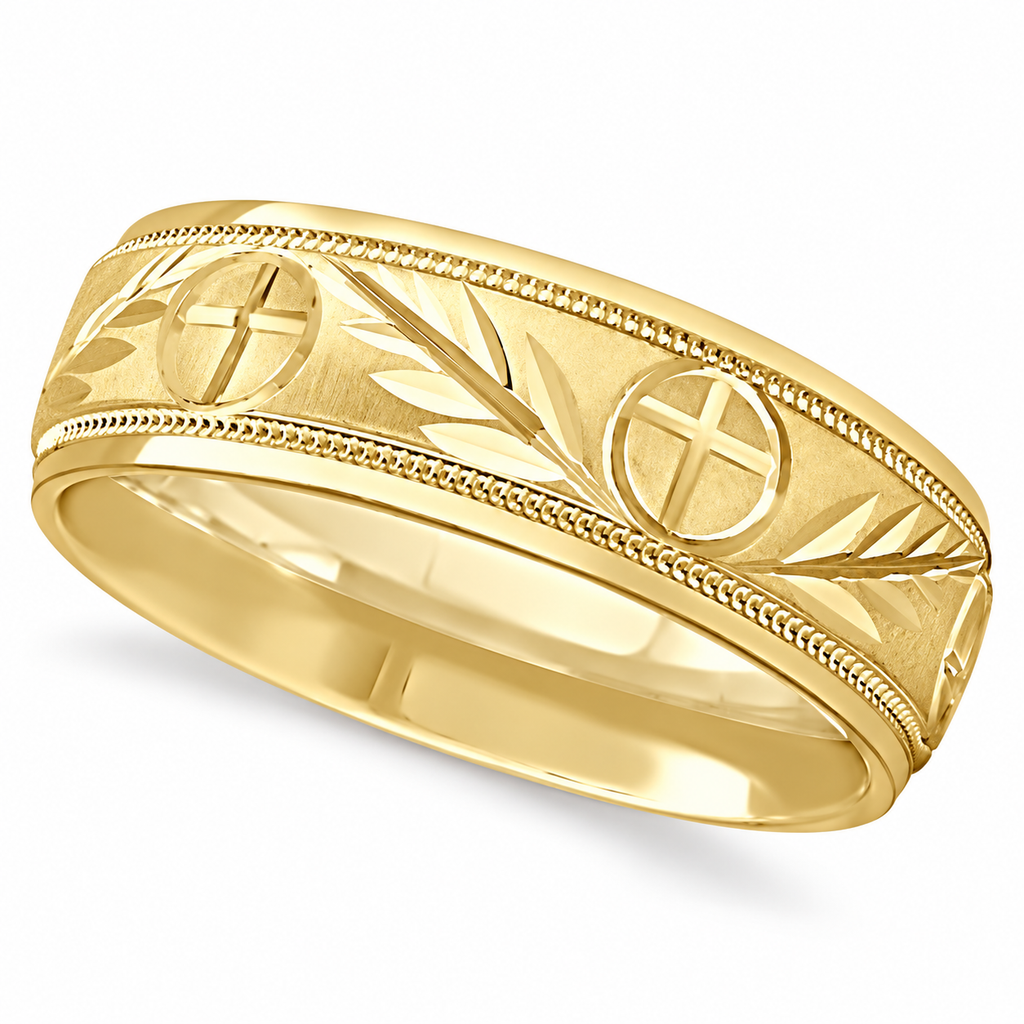 Men's Christian Leaf and Cross Wedding Band 14k Yellow Gold (7mm) — Angled product view on white