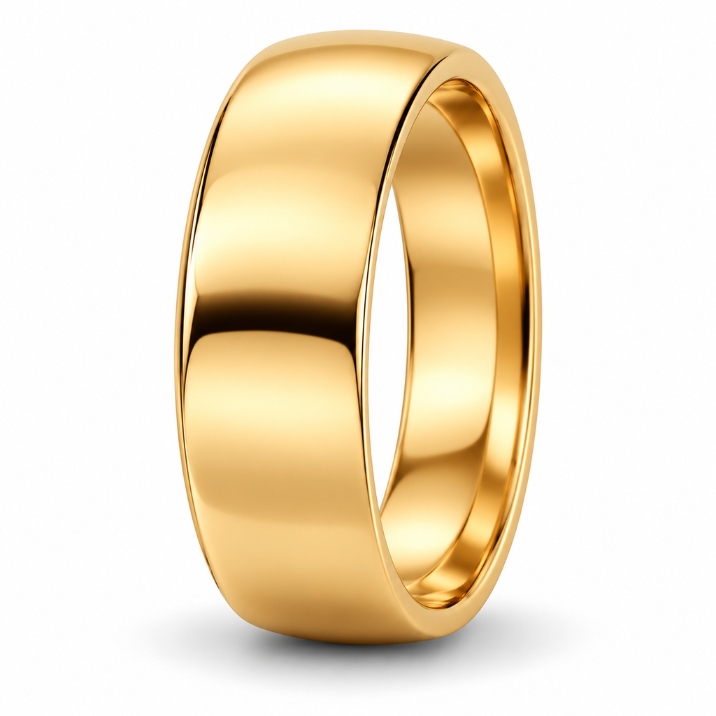 UB118 7mm 18k yellow gold low-dome comfort-fit wedding band interior view with natural shadow