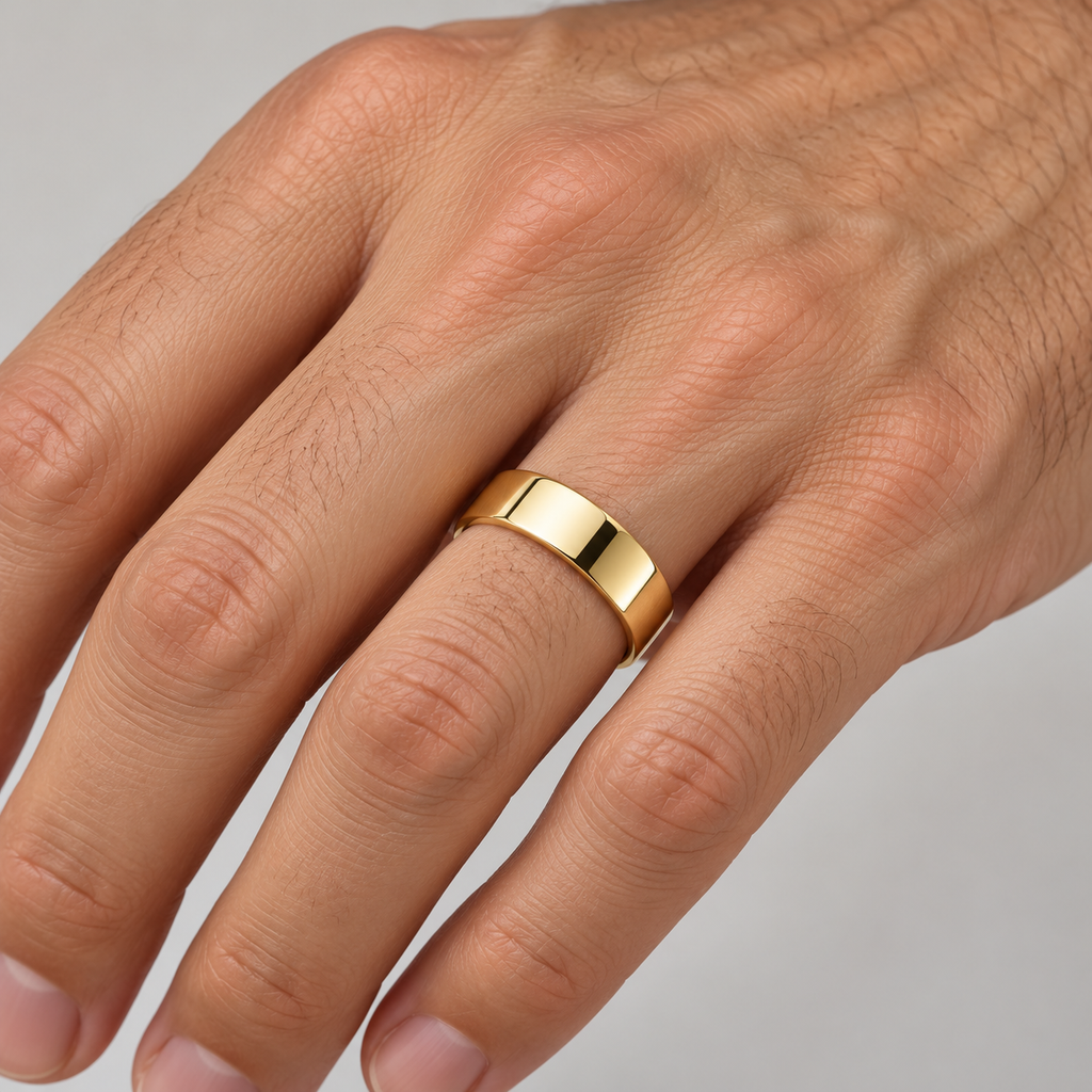 UB118 7mm 18k yellow gold low-dome wedding band on male ring finger