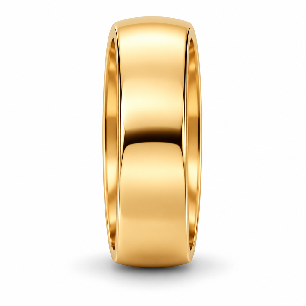 UB118 7mm 18k yellow gold low-dome wedding band side profile with natural shadow