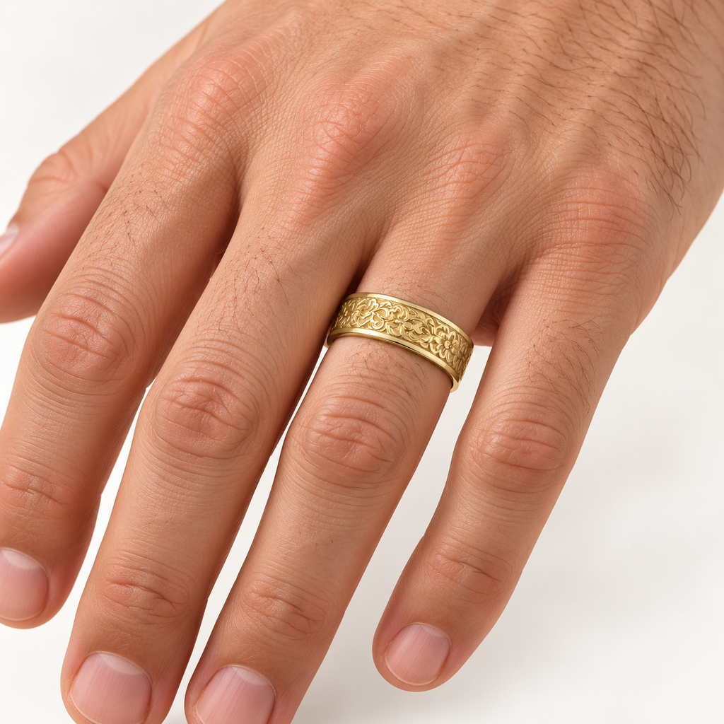 Hand-Engraved Flower Wedding Ring Wide Band 18k Yellow Gold (7mm) - Male hand wearing 7mm wedding band