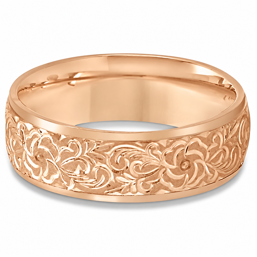 Hand-Engraved Flower Wedding Ring Wide Band 18k Rose Gold (7mm) - Front product view