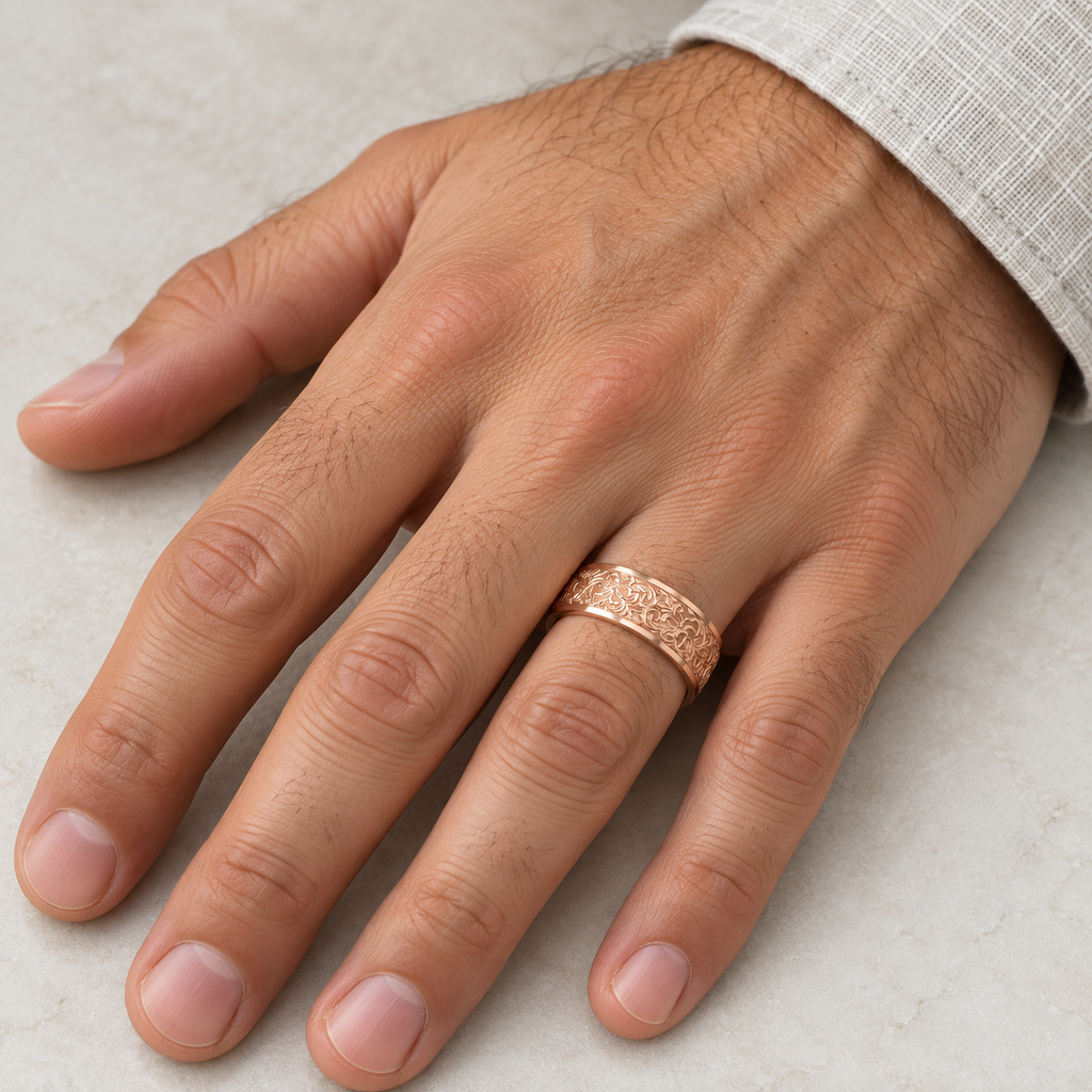 Hand-Engraved Flower Wedding Ring Wide Band 18k Rose Gold (7mm) - Male hand wearing wedding band