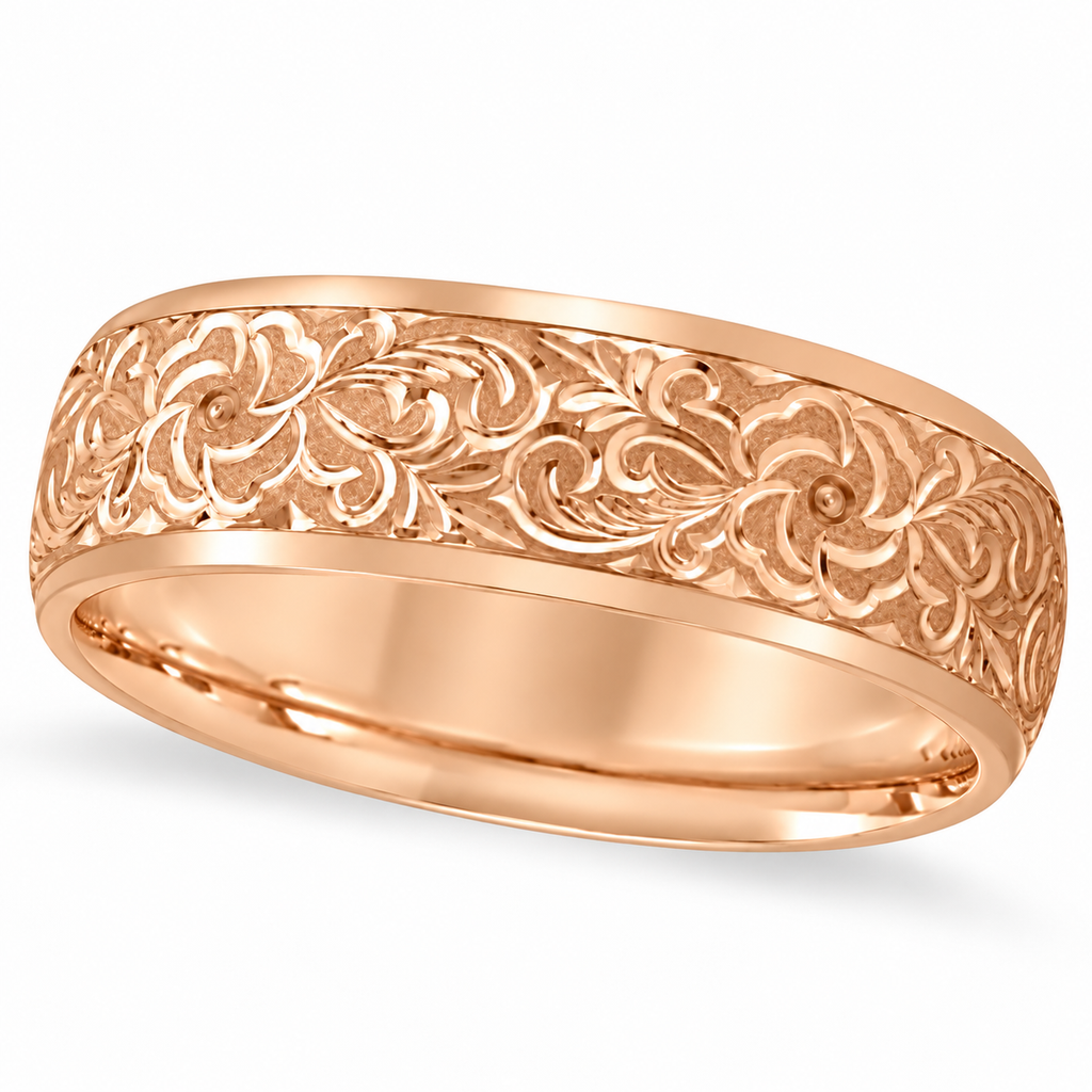 Hand-Engraved Flower Wedding Ring Wide Band 18k Rose Gold (7mm) - Angled product view on white
