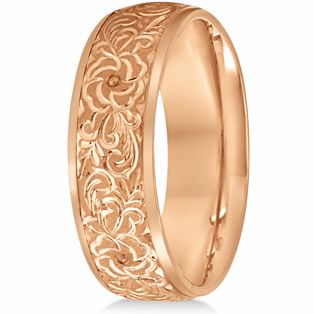 Hand-Engraved Flower Wedding Ring Wide Band 18k Rose Gold (7mm) - Side product view