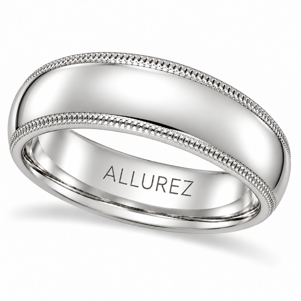 UB12 — 5mm 950 palladium domed comfort-fit milgrain wedding band, upright reverse-oblique view with natural soft shadow.