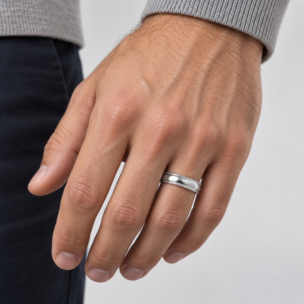 5mm palladium milgrain dome comfort-fit wedding band on a man's ring finger