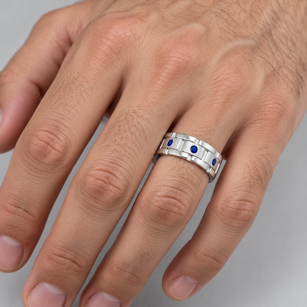 Men's Blue Sapphire Wedding Ring Wide Band 14k White Gold (0.80ct) — Male hand wearing 6.5mm wedding band