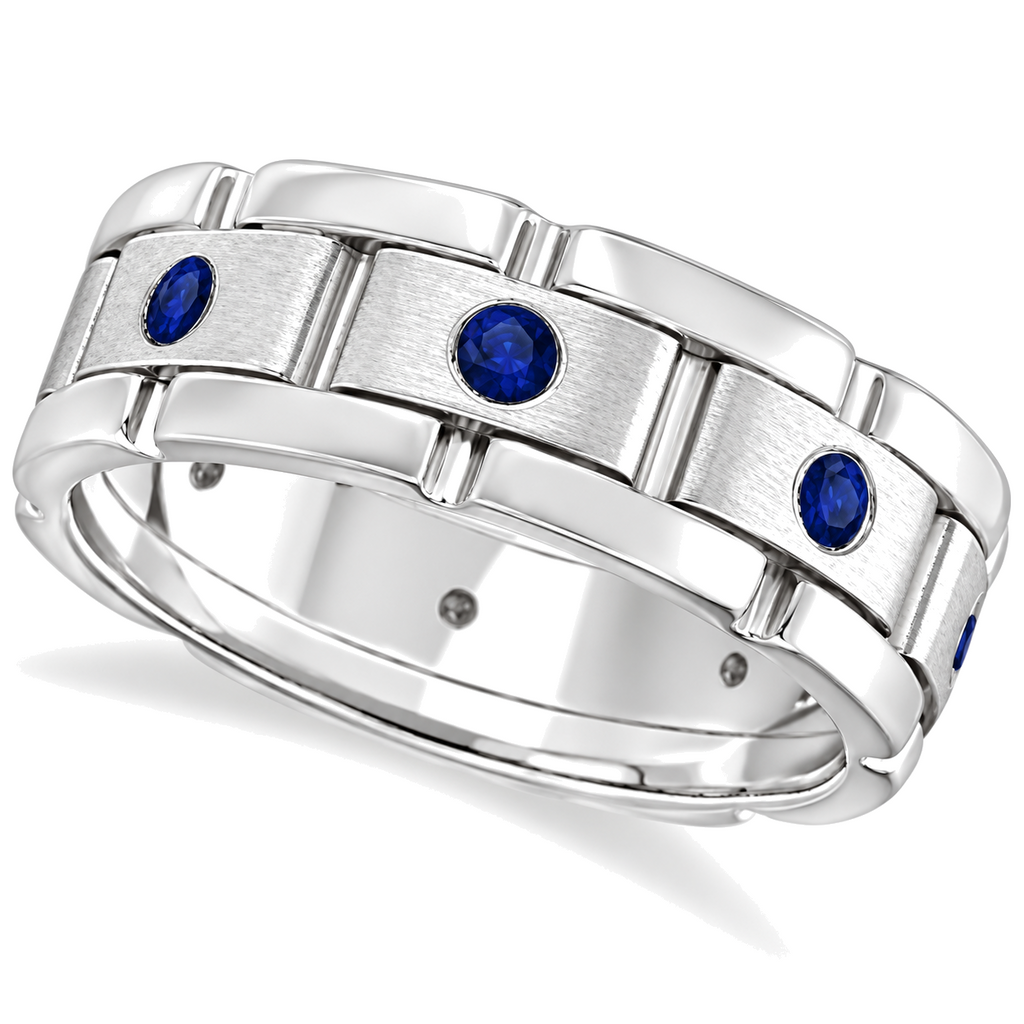 Men's Blue Sapphire Wedding Ring Wide Band 14k White Gold (0.80ct) — Angled product view on white